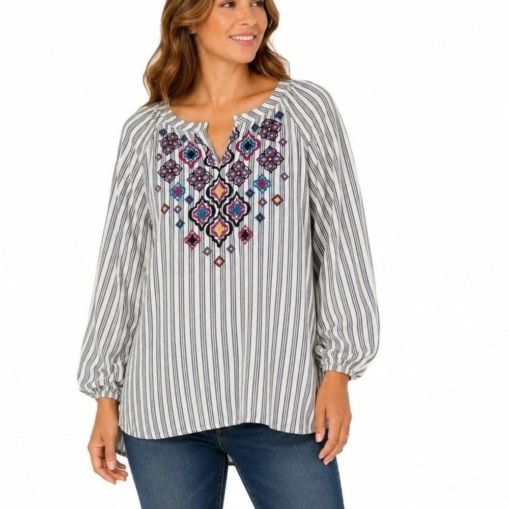 Ruby Rd Blue White Striped Embroidered Metallic Lurex 3/4 Sleeve Blouse  PL